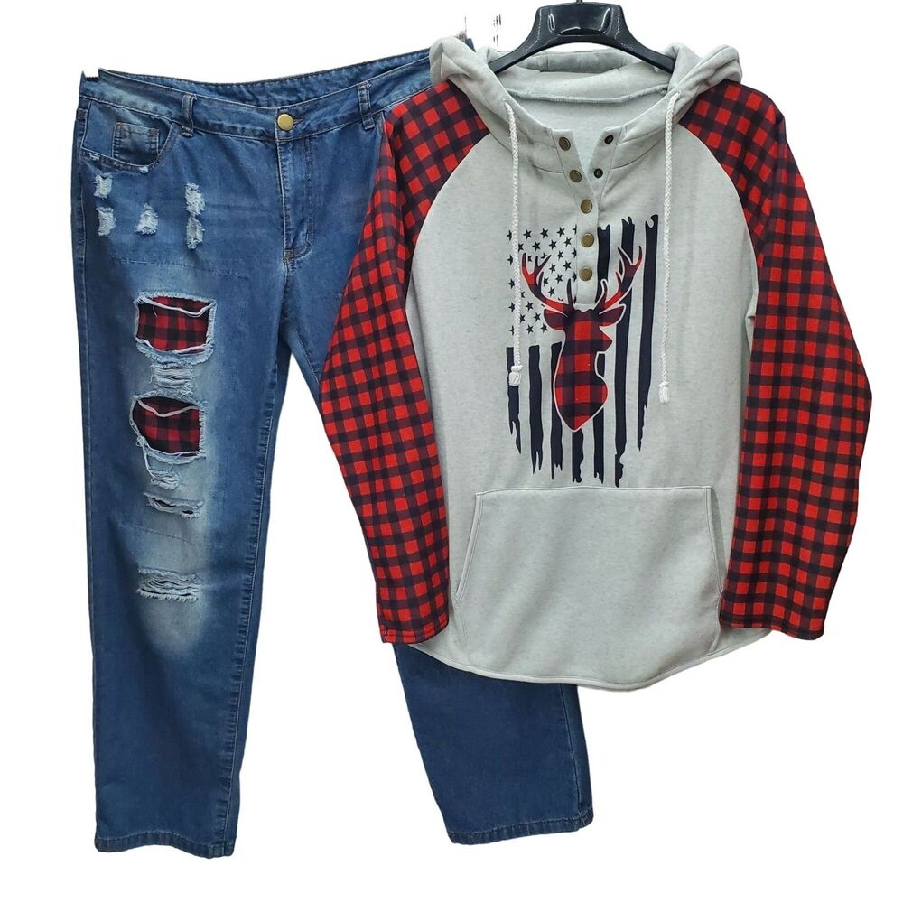 Raglan Sweatshirt Hooded and Jeans Womens XL Buffalo Plaid Flag Deer Cabincore